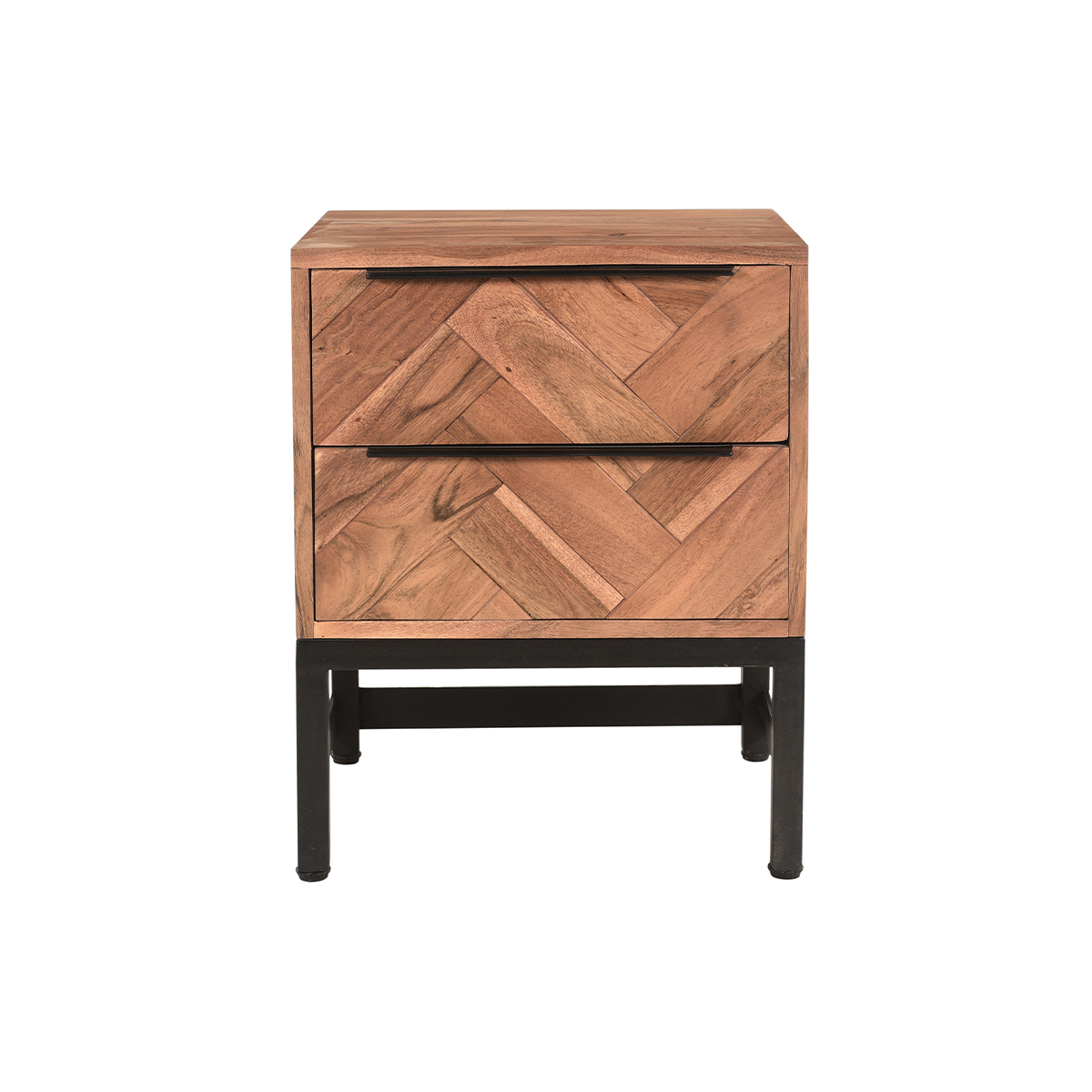 Table de chevet avec rangements 2 tiroirs à motifs chevrons en bois massif et métal noir STICK, MILIBOO