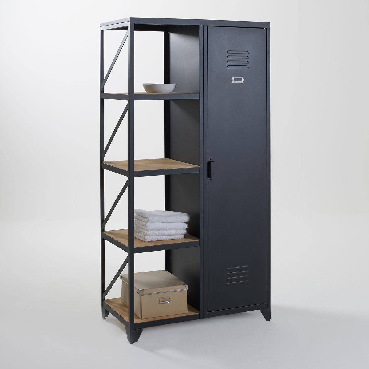 Hiba Metal and Oiled Pine Single-Door Cabinet and Shelving Unit