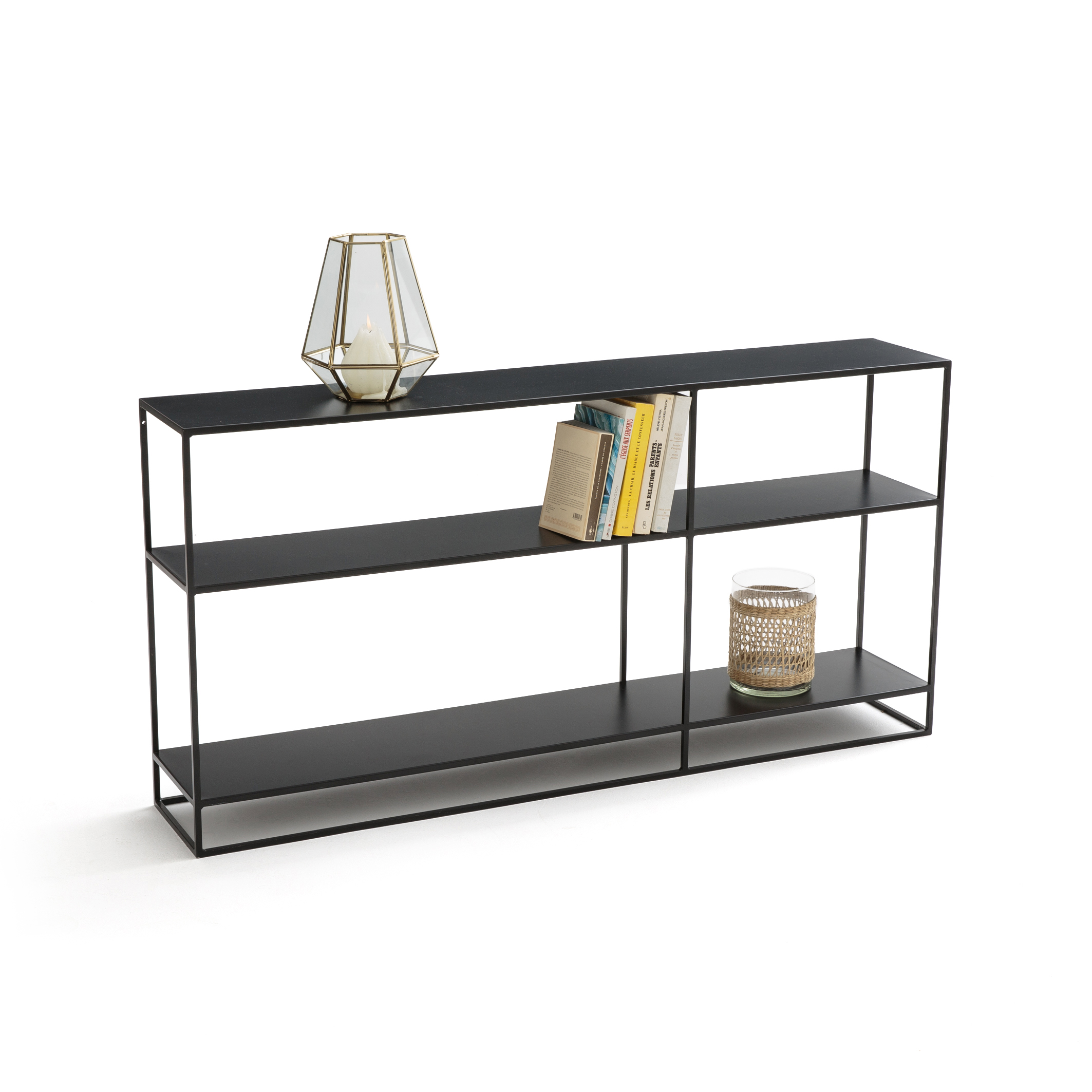 Hiba Low Steel Dual Function Bookshelf, Black Metal Bookcase With Glass Shelves