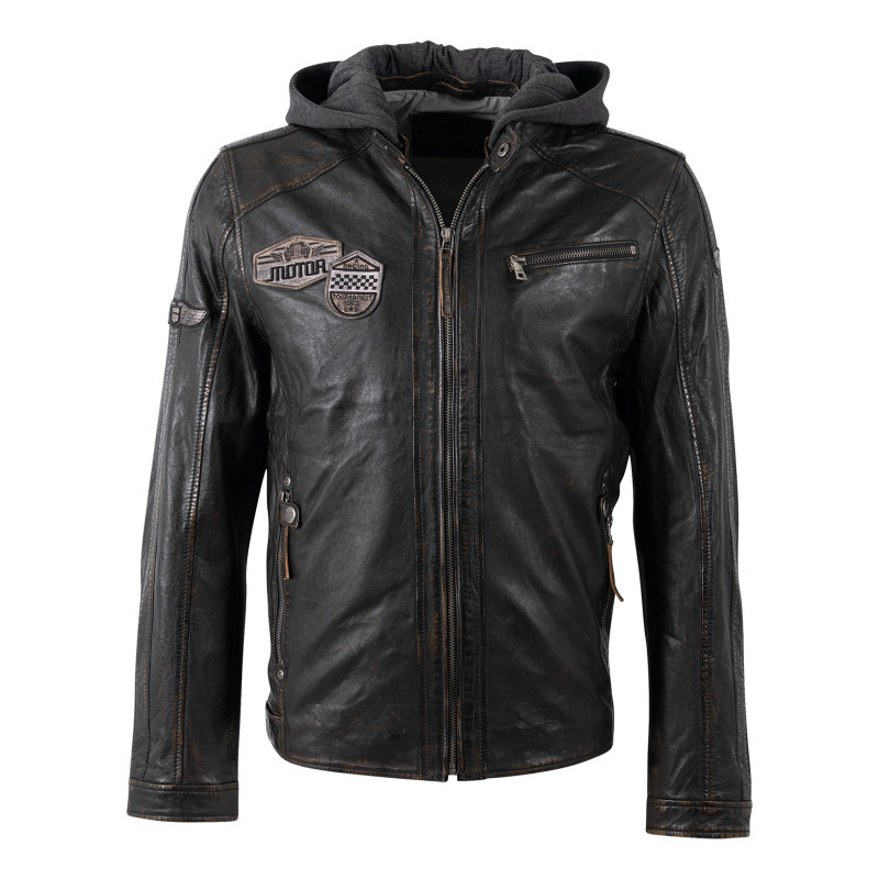 Blouson en cuir de mouton noire uni avec une coupe ajustée et un col à capuche, GIPSY