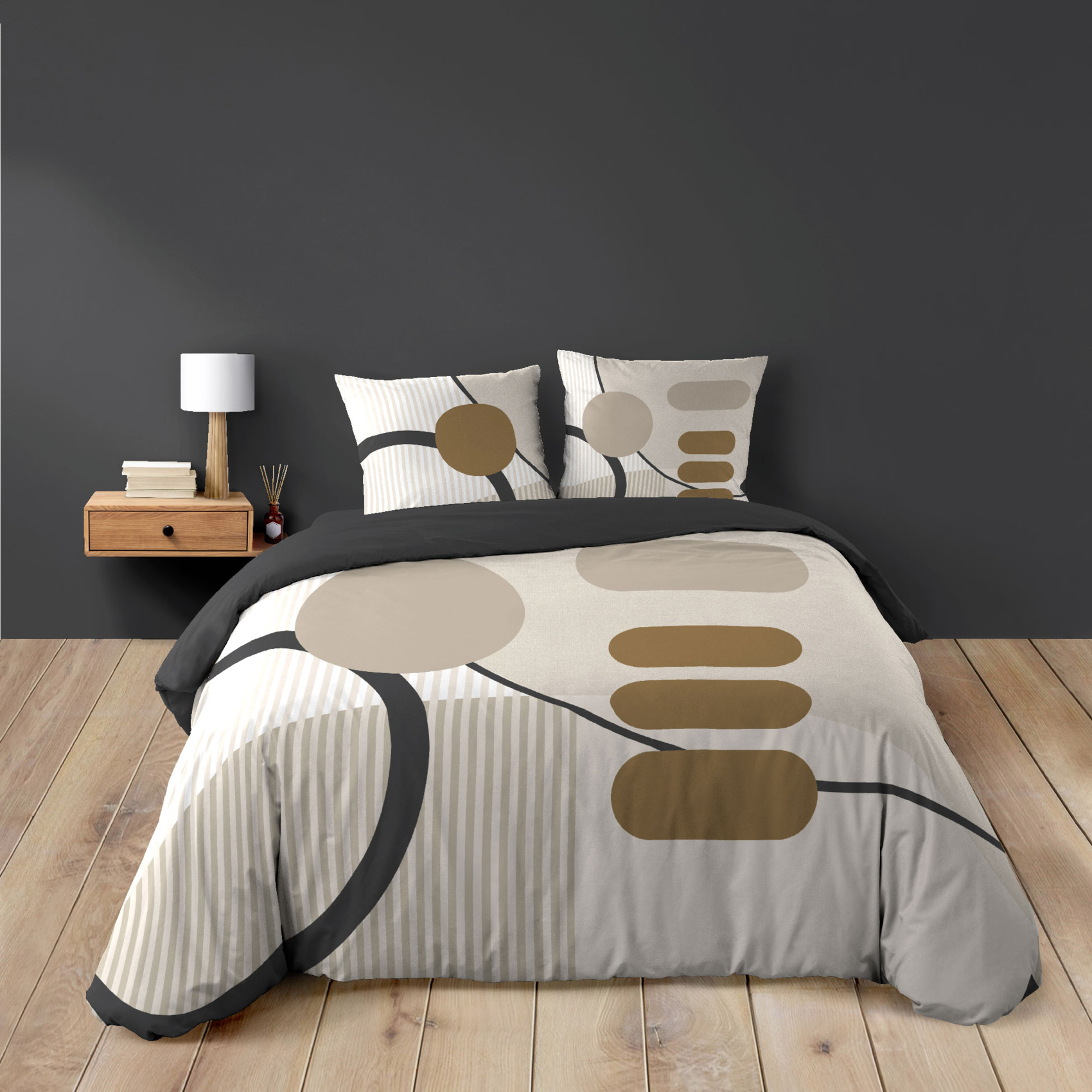 Parure de lit coton motif géométrique double face imprimée, DOUCEUR D'INTÉRIEUR