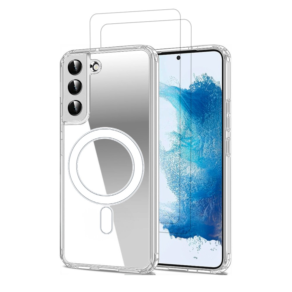 Coque Anti-choc Magnétique compatible Magsafe pour Galaxy S22 5g Transparente + 2 vitres, EVETANE