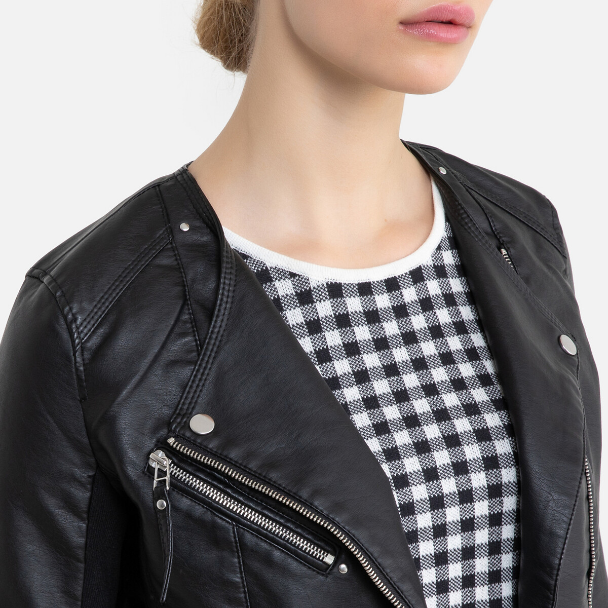 Short Faux Leather Jacket with Zip Fastening
