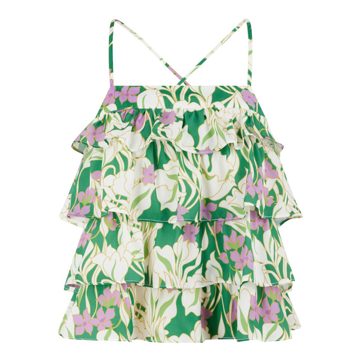 floral print ruffled top with crossover spaghetti straps