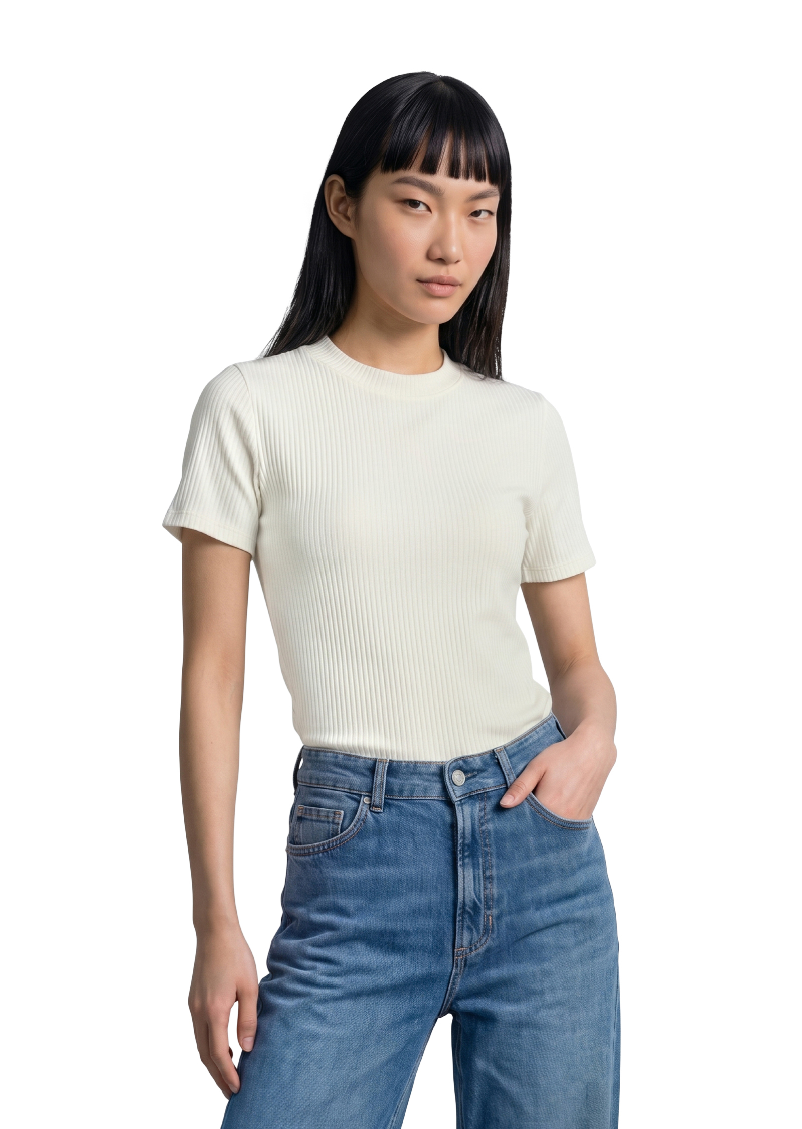 T-shirt en jersey côtelé slim en coton biologique mélangé extensible, MARC O’POLO DENIM