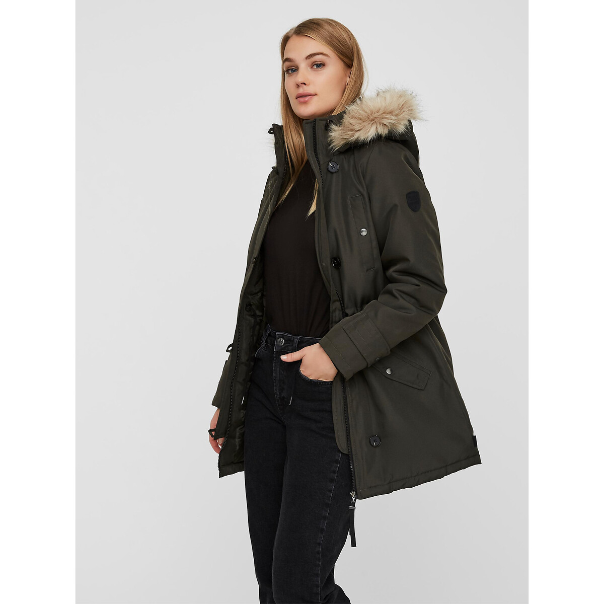 Mægtig Articulation stor Mid-length parka with faux fur hood and pockets dark green Vero Moda | La  Redoute
