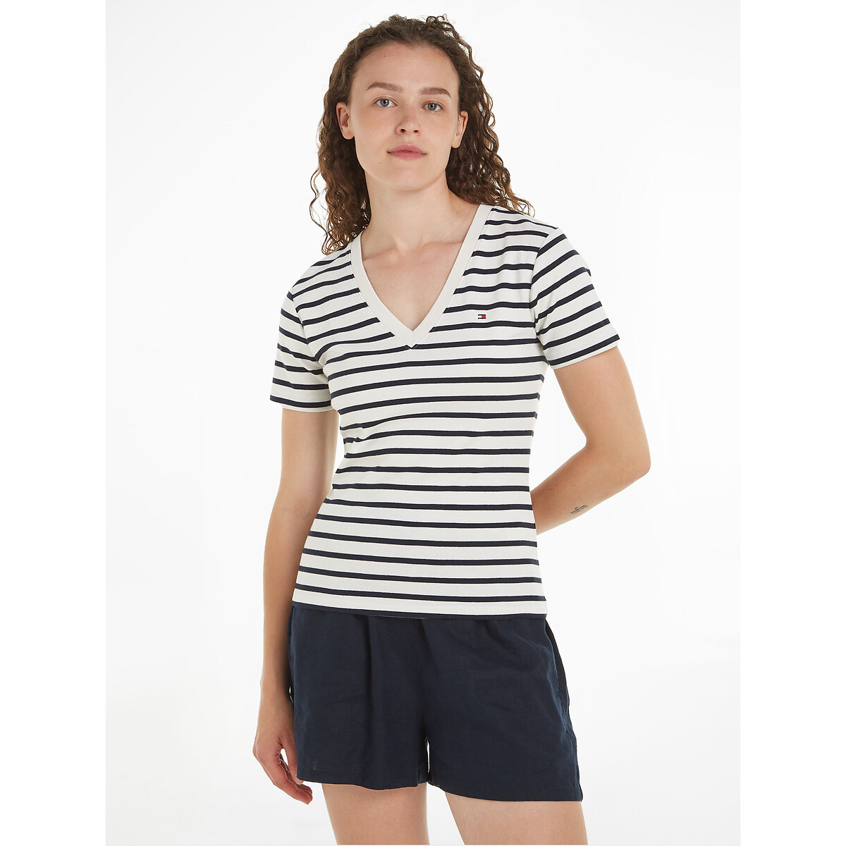 Striped Cotton T-Shirt with V-Neck and Short Sleeves
