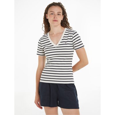 Striped Cotton T-Shirt with V-Neck and Short Sleeves TOMMY HILFIGER