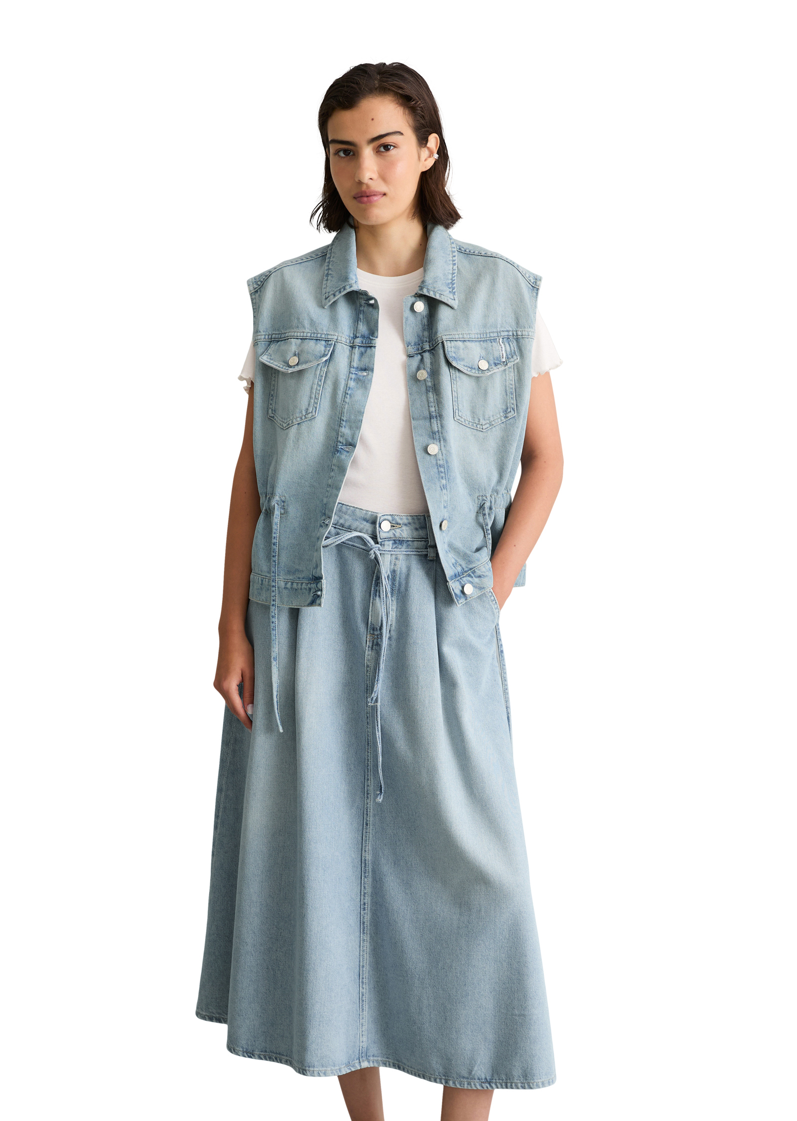 Gilet en jean loose avec cordon de serrage à la taille, MARC O’POLO DENIM