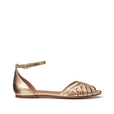 Metallic Leather Sandals with Ankle Strap and Flat Heel LA REDOUTE COLLECTIONS