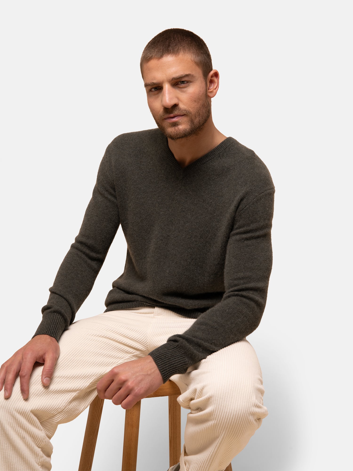 Pull Col V 4 Fils Kaki Chiné Nathan, JUST CASHMERE