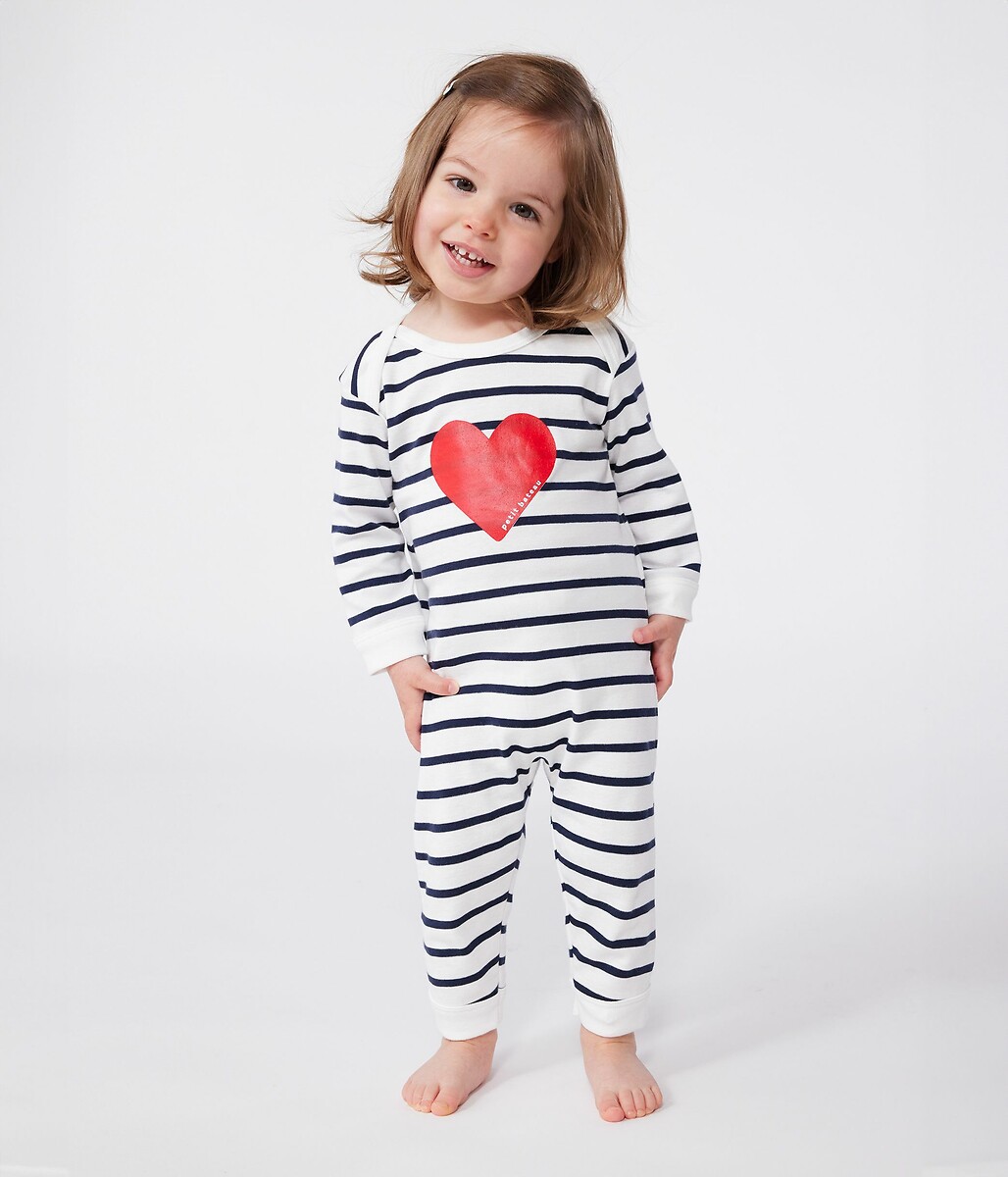Pyjama en coton ouverture sans pression cœur, PETIT BATEAU