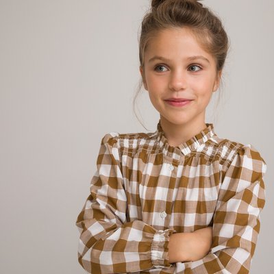 Checked Cotton Mix Blouse with Ruffles and Long Sleeves LA REDOUTE COLLECTIONS