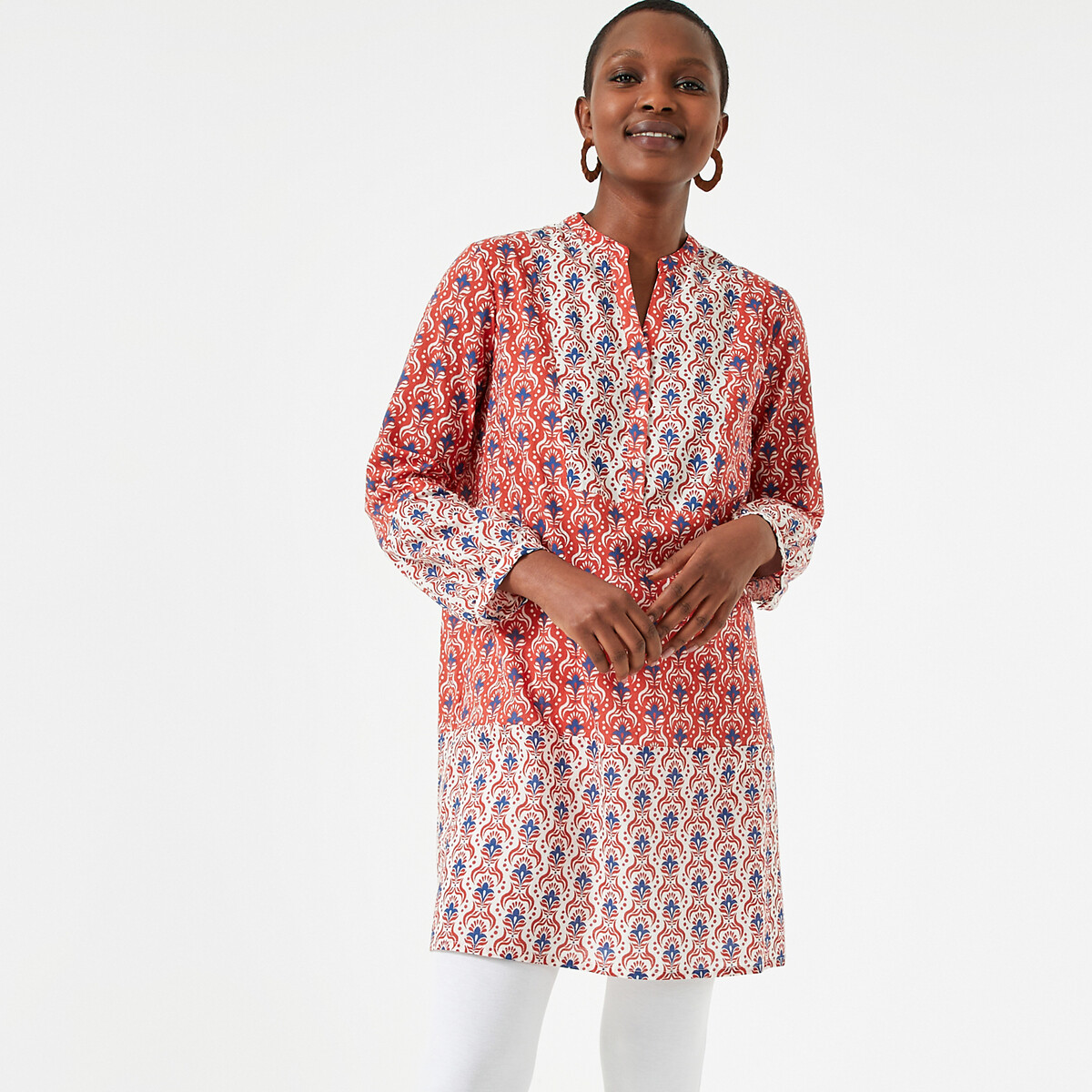 Image of Floral Print Cotton Tunic with Grandad Collar