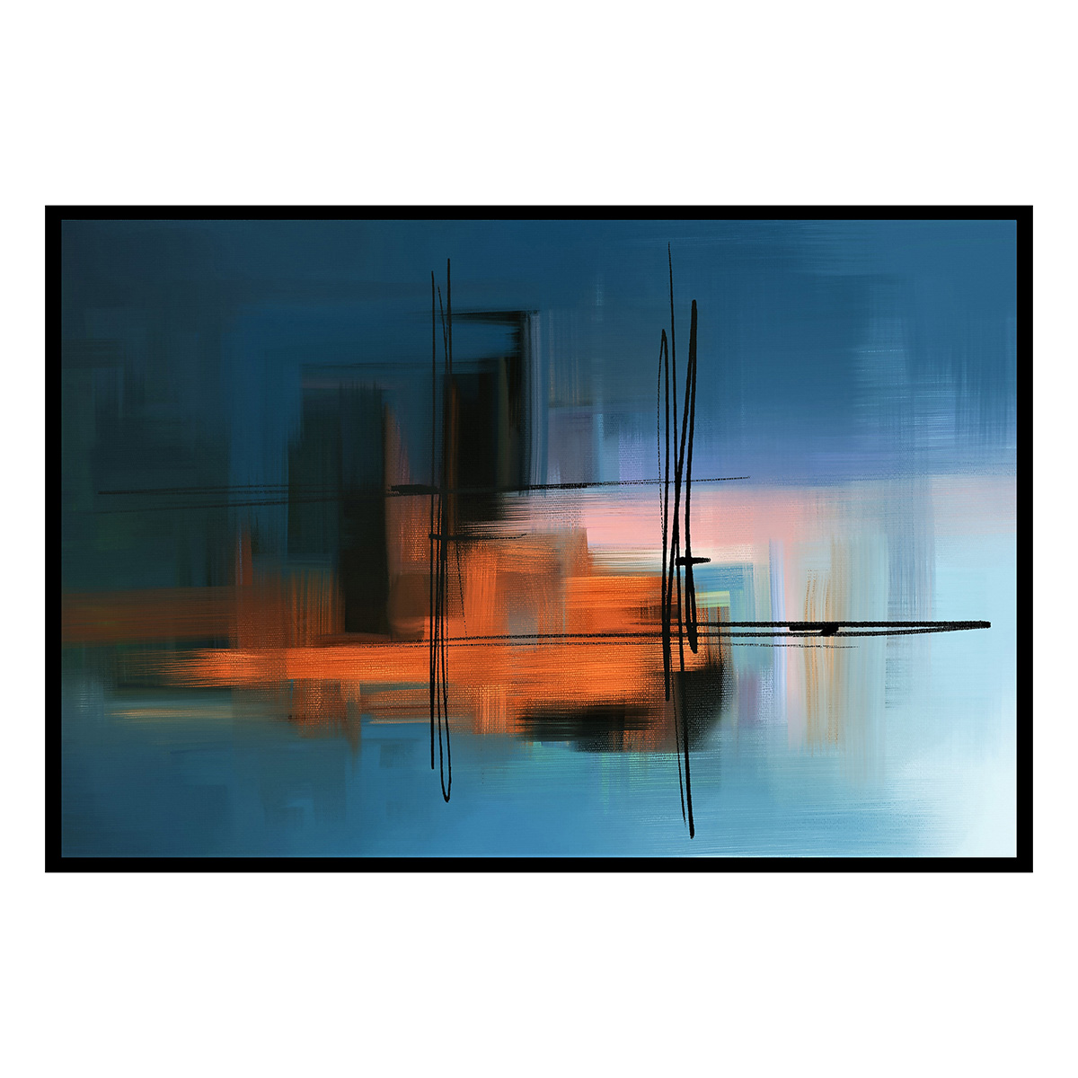 Affiche encadrée Œuvre abstraite structurée en orange, bleu et noir, HEXOA