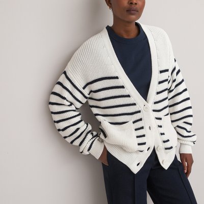 Breton Striped Cardigan in Cotton Mix with Button Fastening LA REDOUTE COLLECTIONS