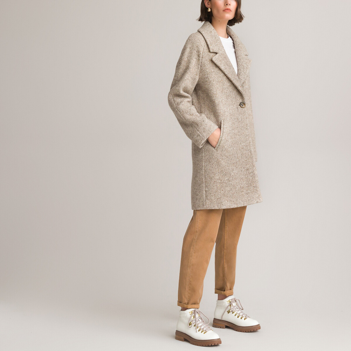 Mid Length Herringbone Coat Beige, Wool Herringbone Zip Front Trench Coat