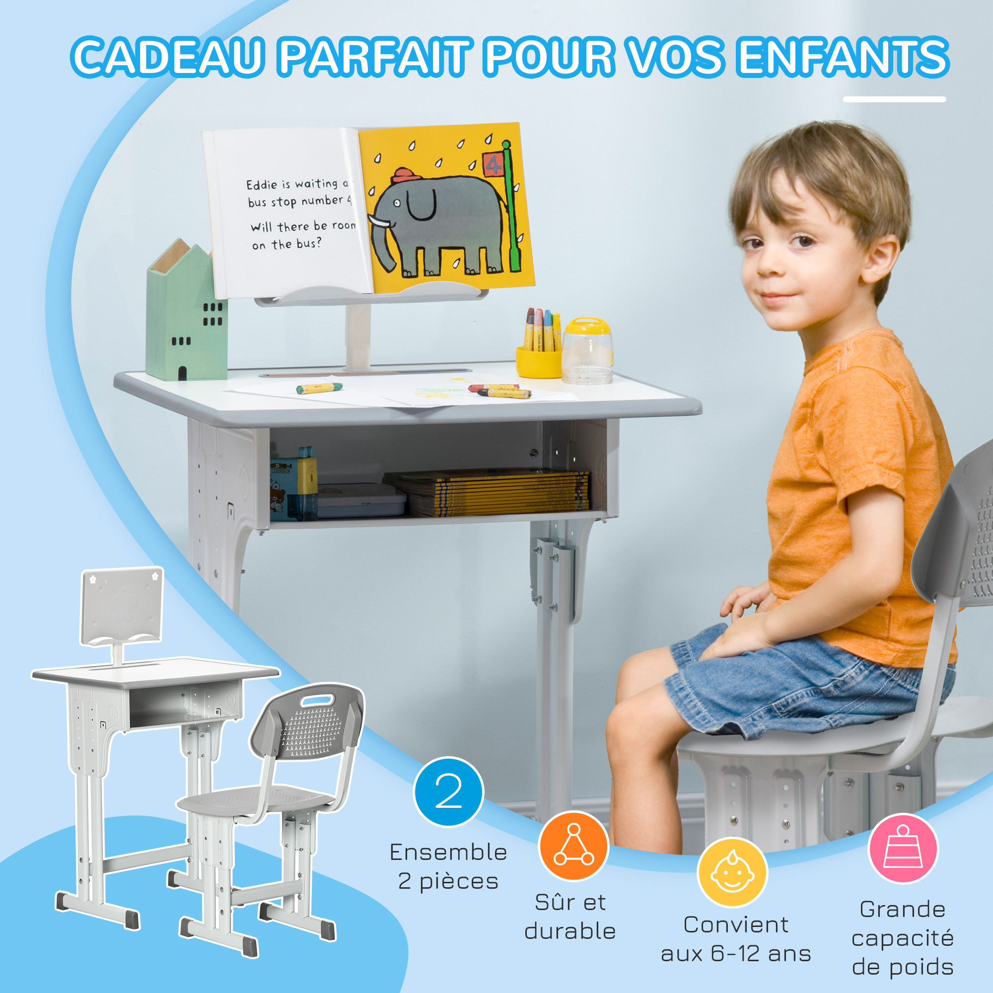 ZONEKIZ Table D'École Pour Enfants 6-12 Ans Avec Chaise Réglable Bleu