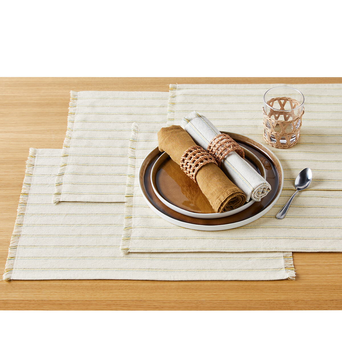 Set of 4 Lovnas Striped Fringed Cotton & Linen Placemats