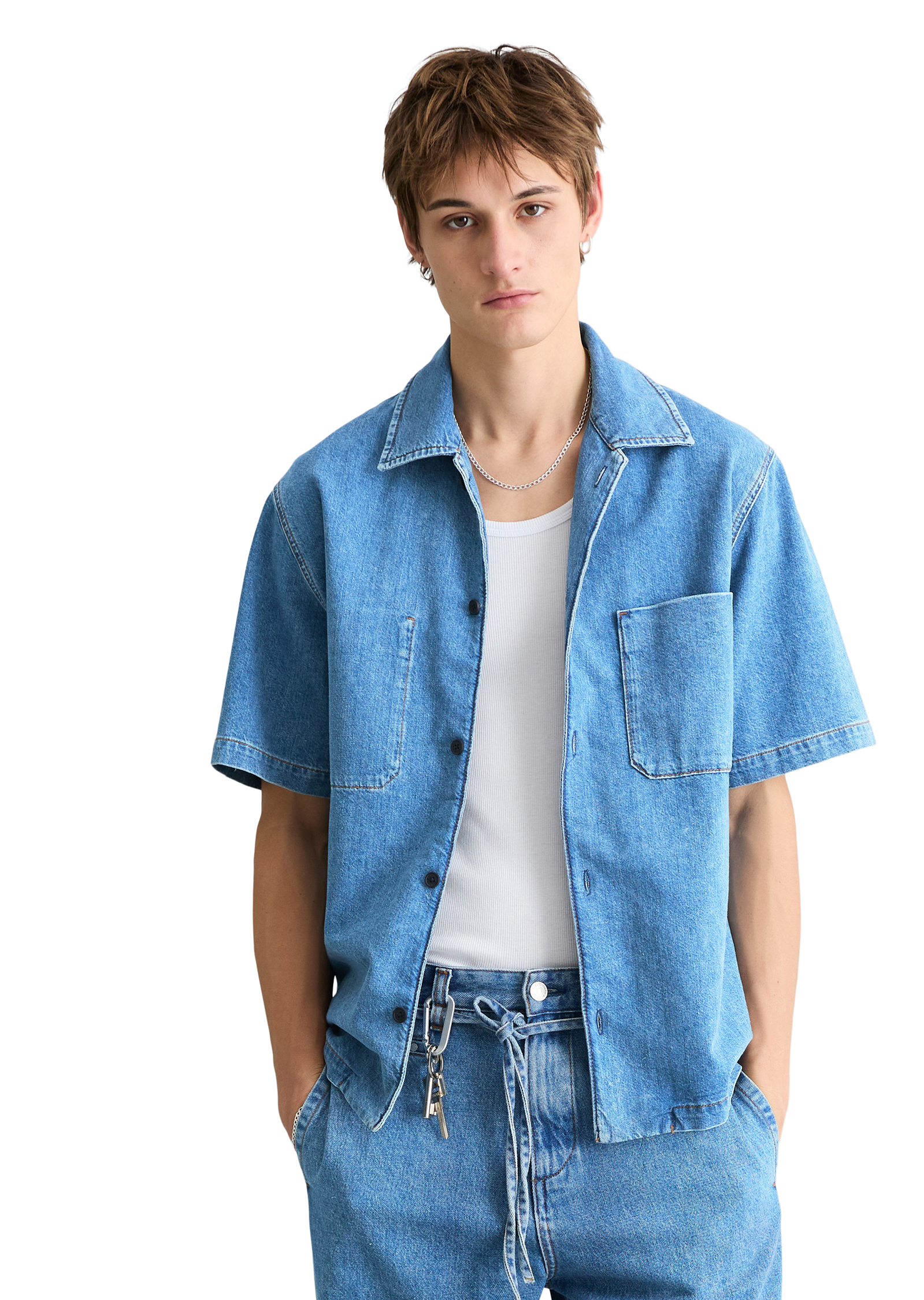 Chemise en jean à manches courtes regular avec fibres d'ananas, MARC O’POLO DENIM