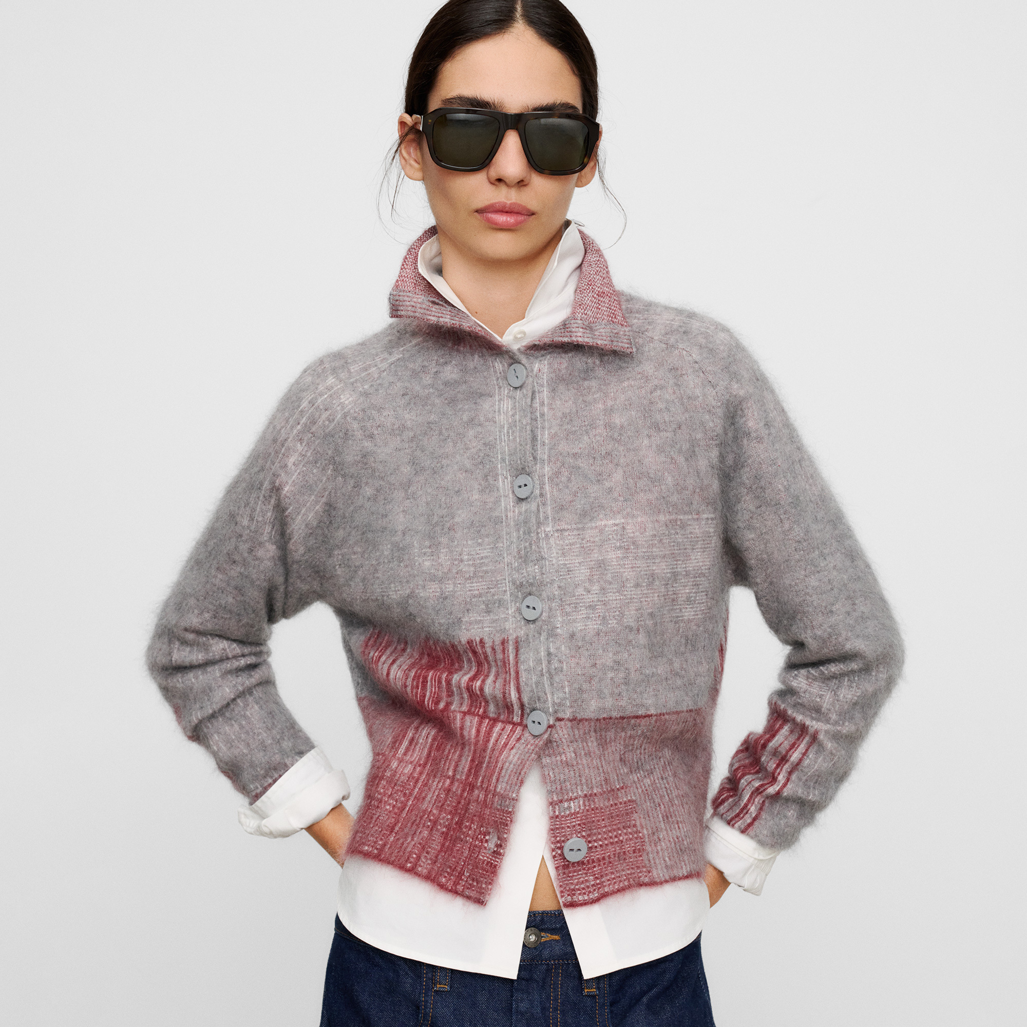 Cardigan avec mohair et laine mérinos en jacquard, ADOLFO DOMINGUEZ