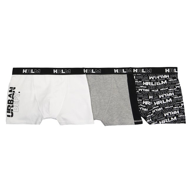 Pack of 3 boxers in organic cotton, 10-18 years , black + white + grey ...