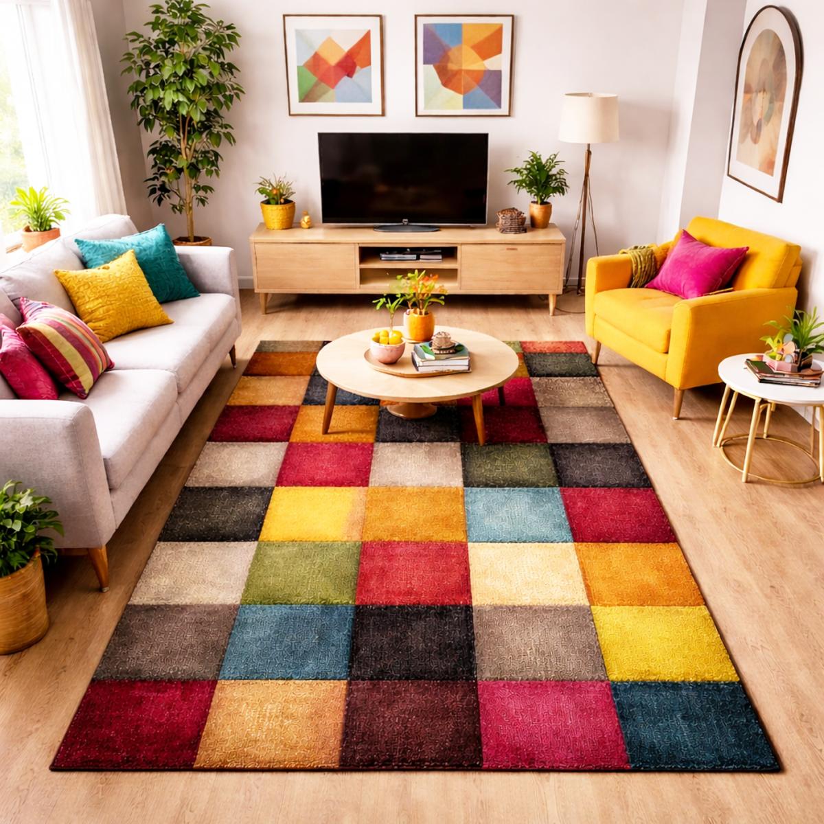 Tapis salon et chambre tissé motif damier LYN8 BELO 31, UN AMOUR DE TAPIS