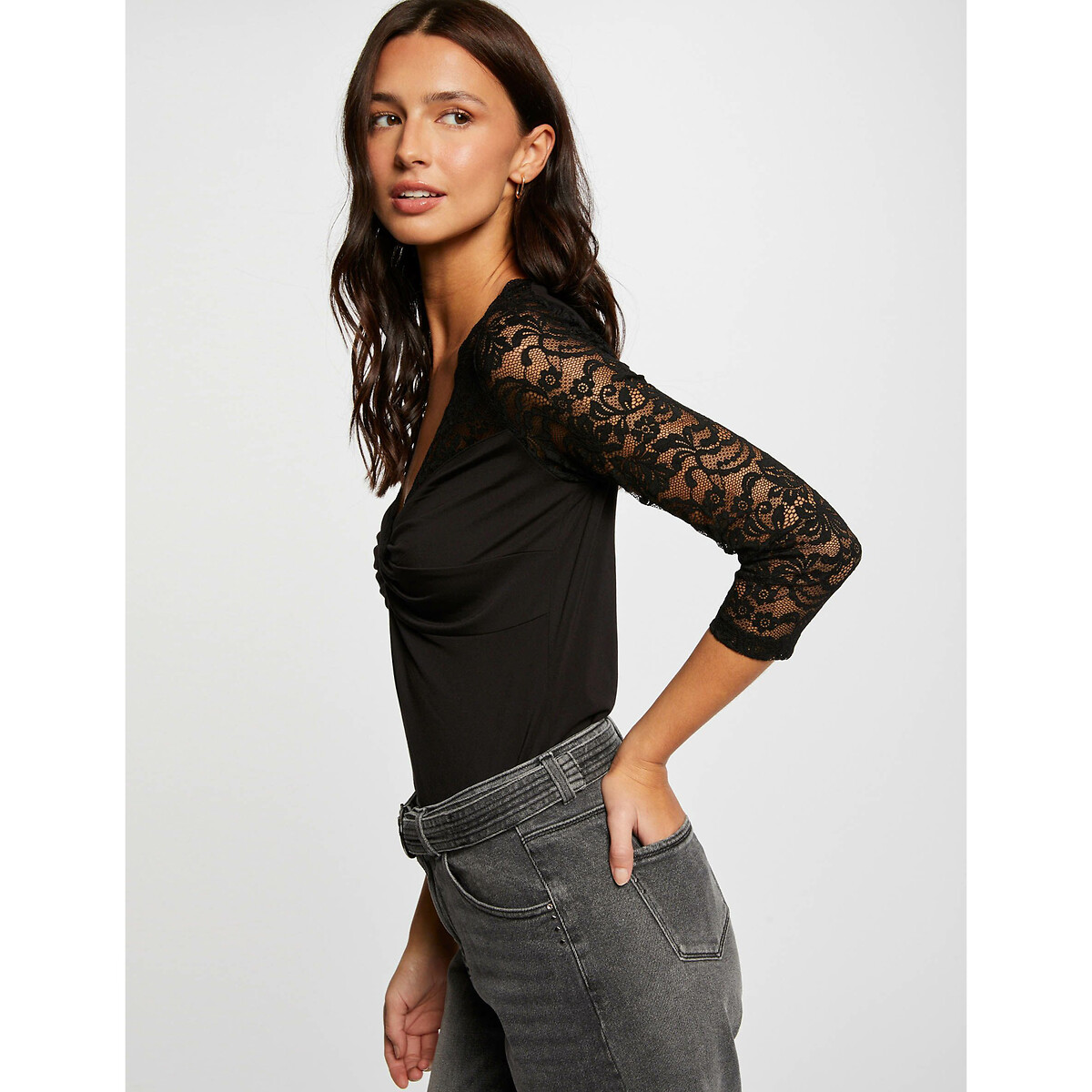 V-Neck T-Shirt with 3/4 Length Lace Sleeves