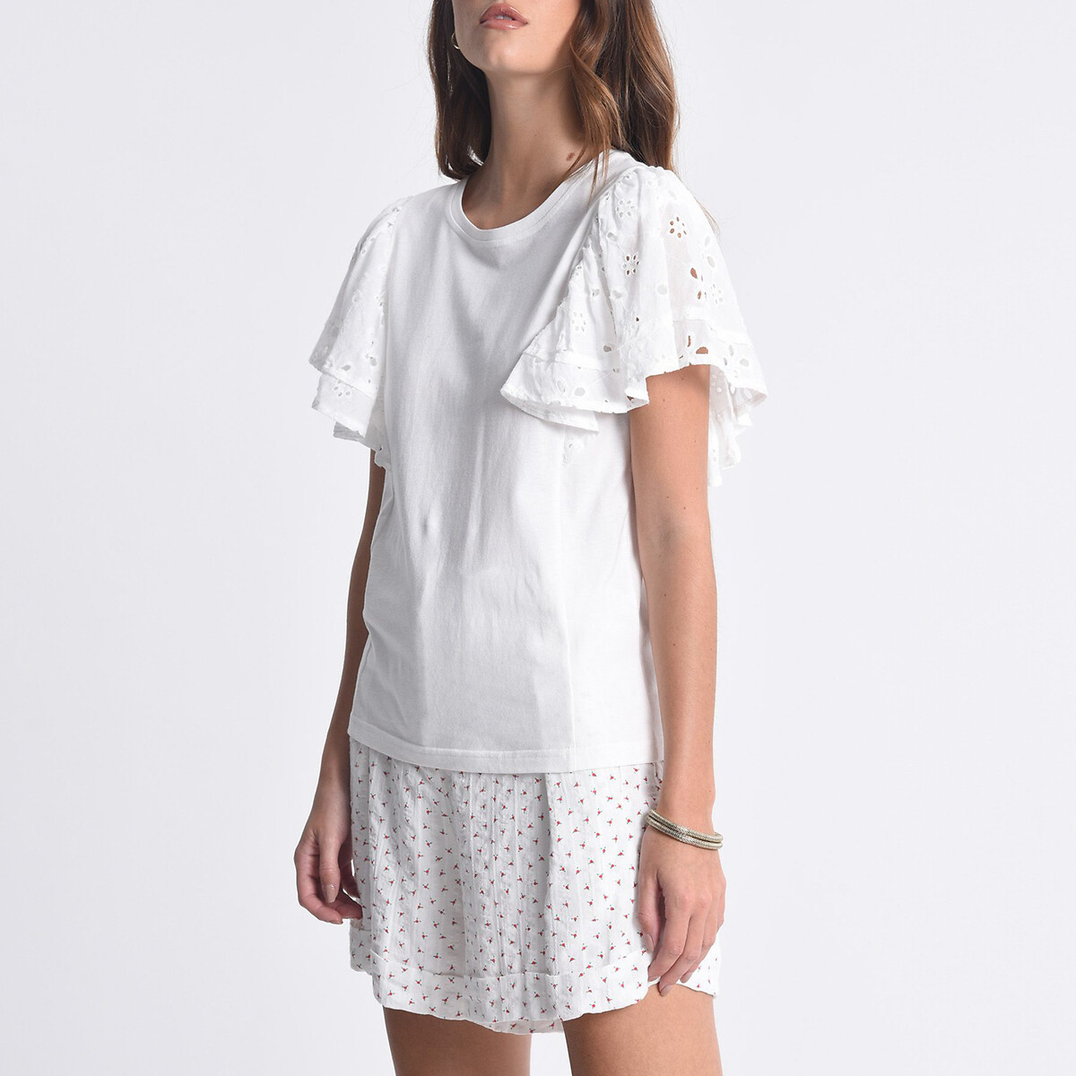 Cotton T-Shirt with Ruffled Broderie Anglaise Sleeves