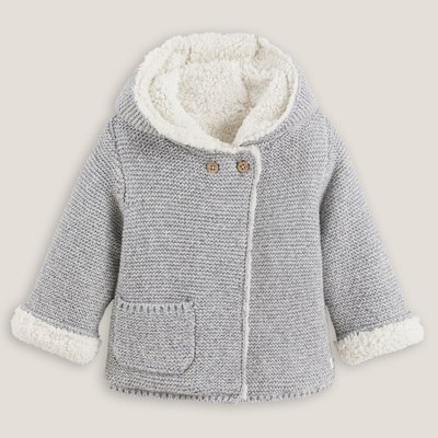 Cotton Mix Hooded Cardigan with Faux Fur Lining LA REDOUTE COLLECTIONS