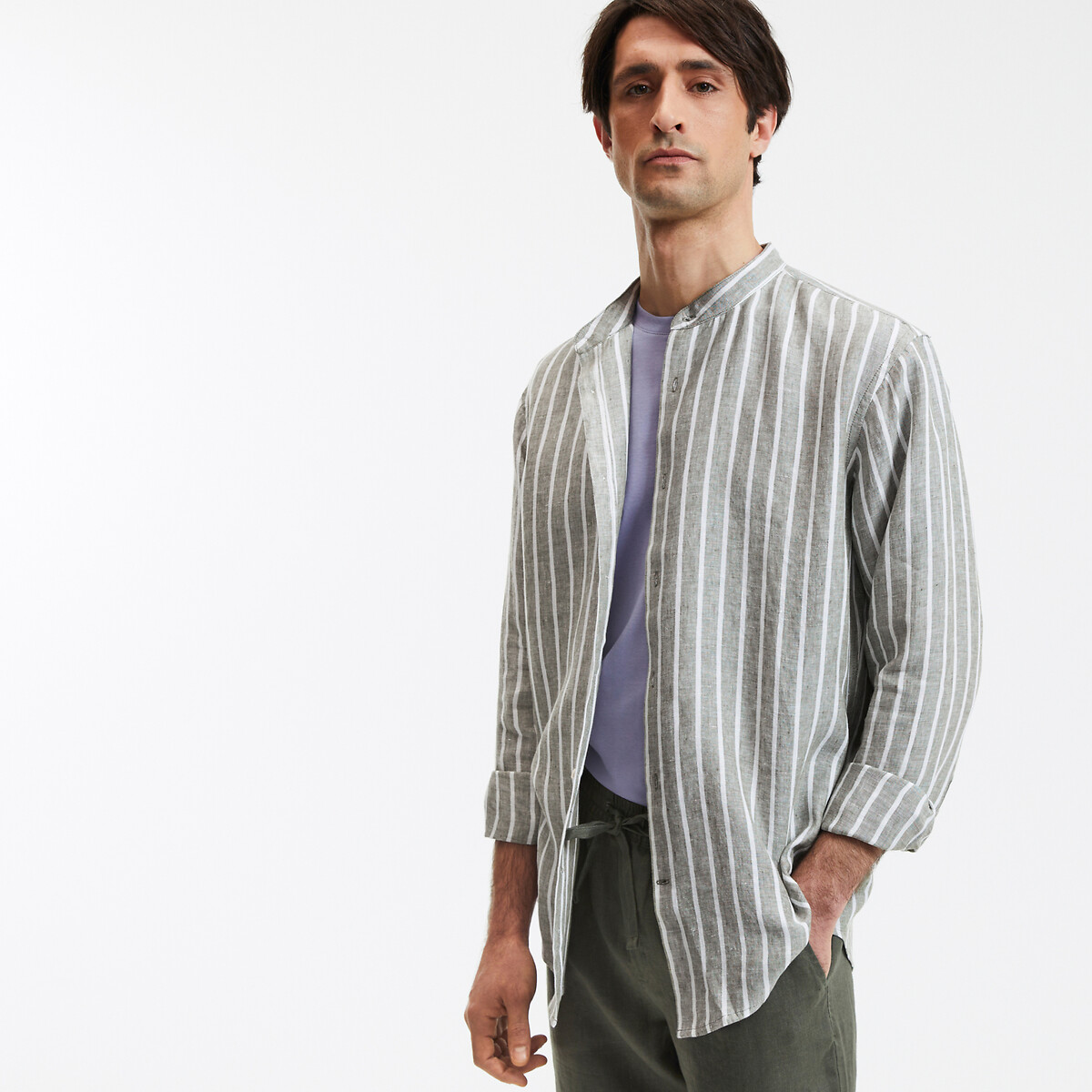 Straight Striped Linen Shirt with Mandarin Collar, LA REDOUTE COLLECTIONS