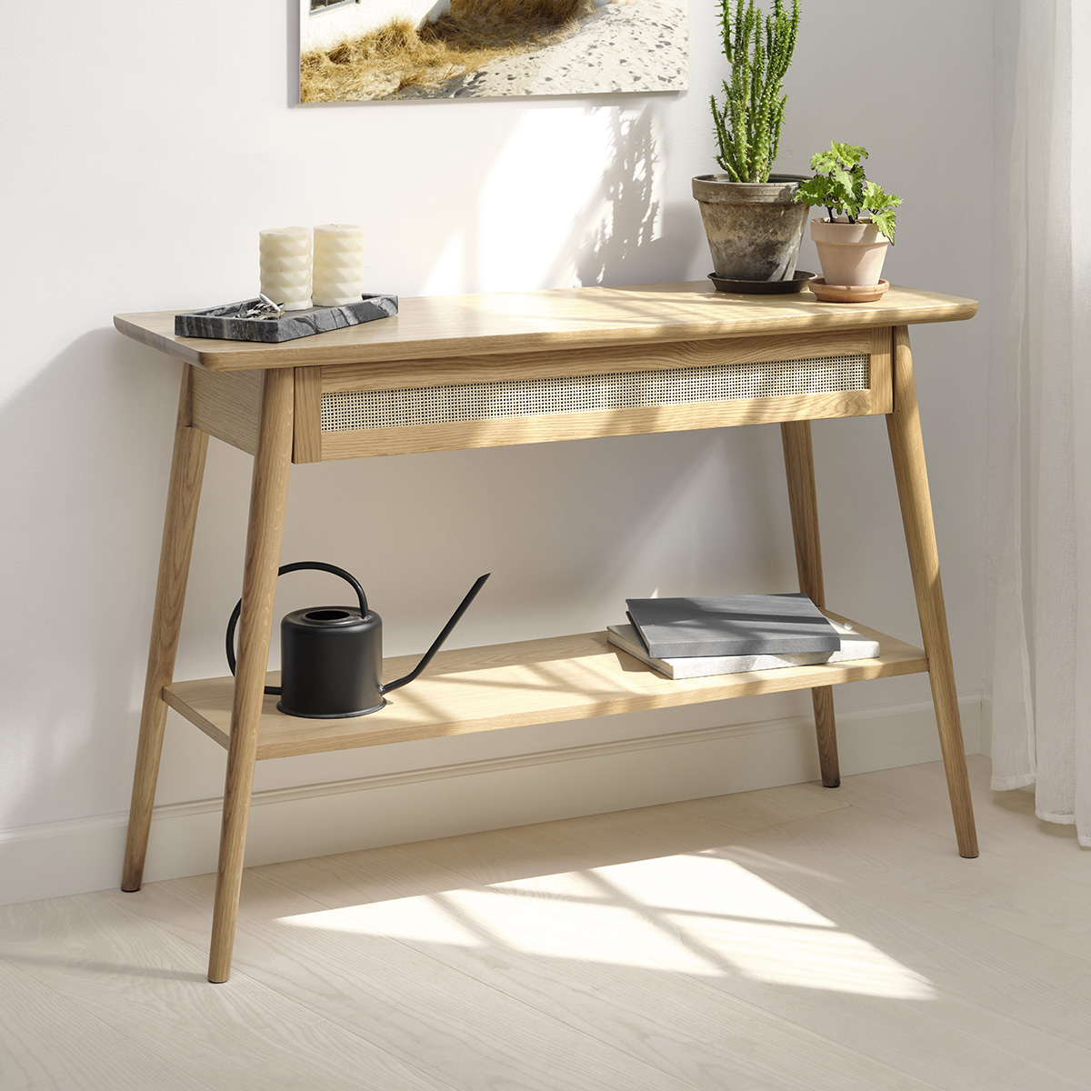 Console 120 cm 2 plateaux 1 tiroir - Bois et rotin - CAPRI, MAISON AUBERTIN