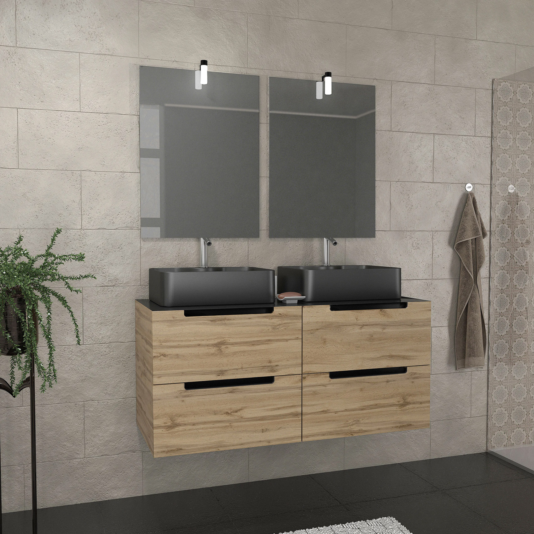 Ensemble de salle de bains avec 2 vasques rectangulaires et 2 miroirs rectangulaires à led, HOME MAISON