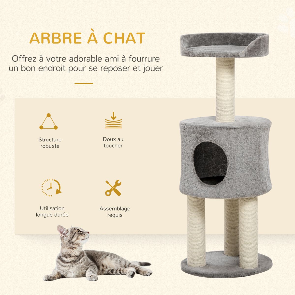 Arbre à chat griffoirs niche plateforme peluche grise Pawhut | La Redoute