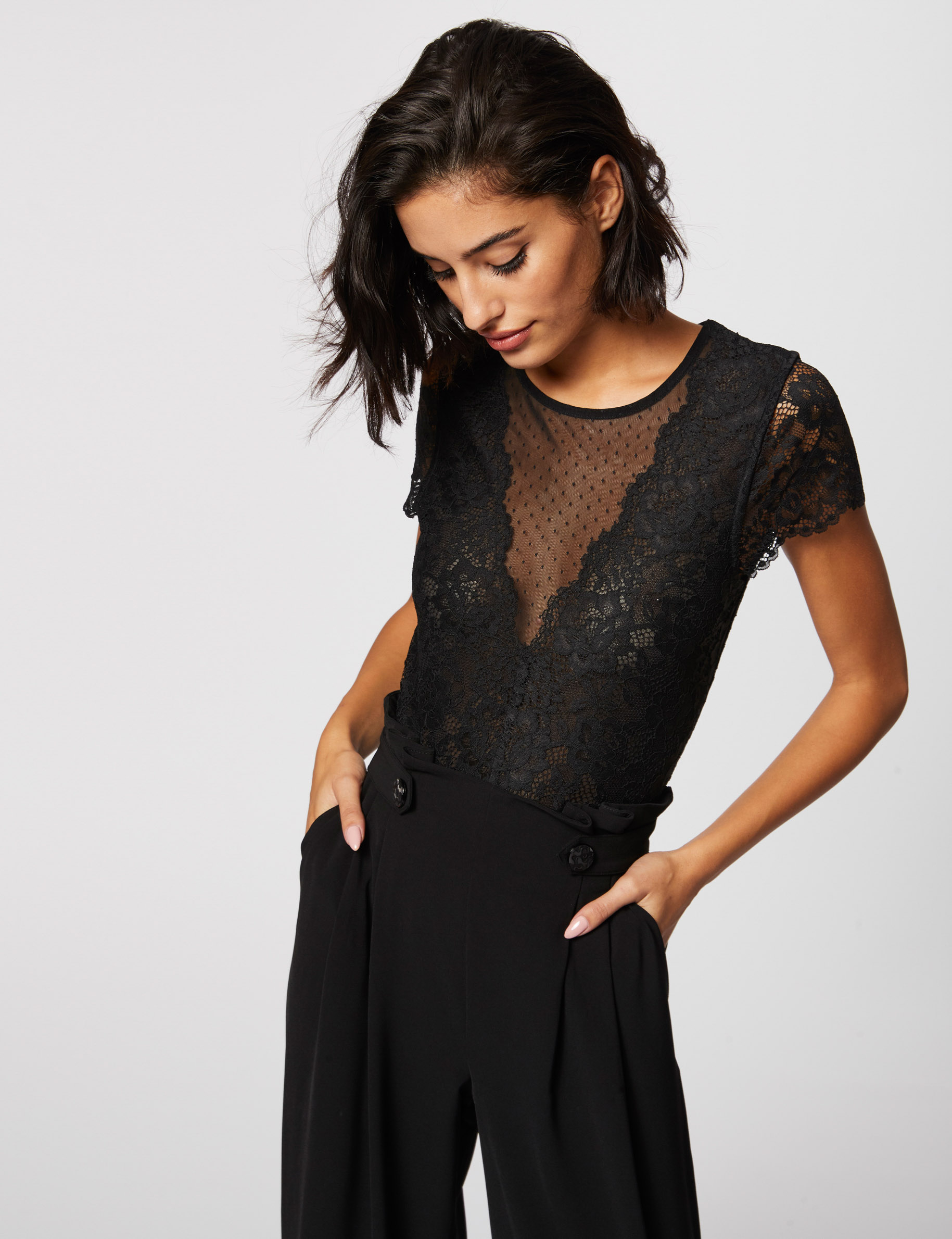 T-shirt manches courtes en dentelle, MORGAN