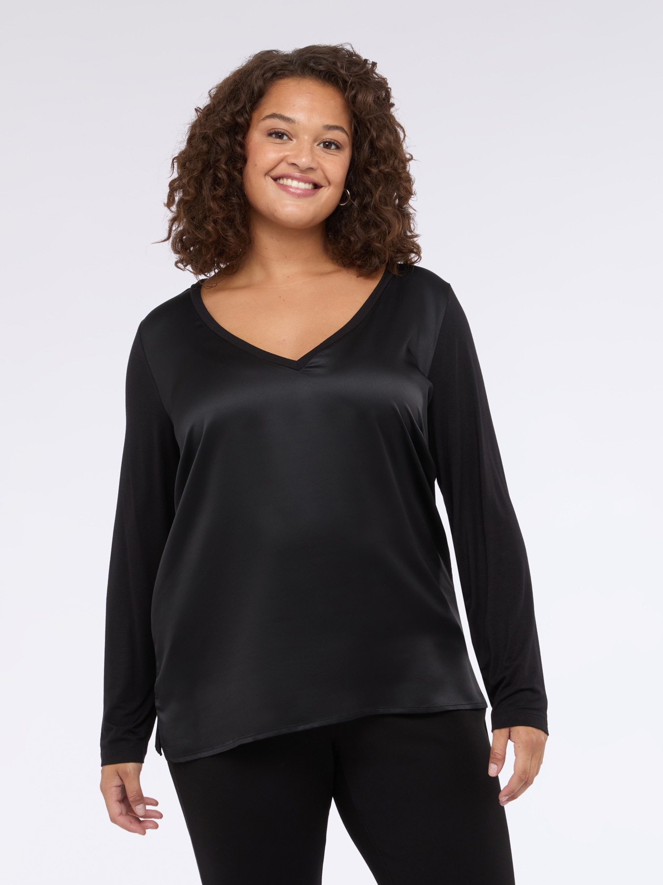 T-shirt bimatière avec col en V et manches longues, FIORELLA RUBINO