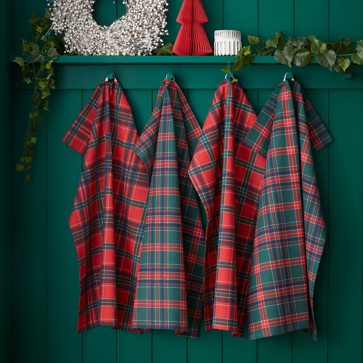 Tartan Check Christmas Kitchen Tea Towel Pack Of 4, CATHERINE LANSFIELD