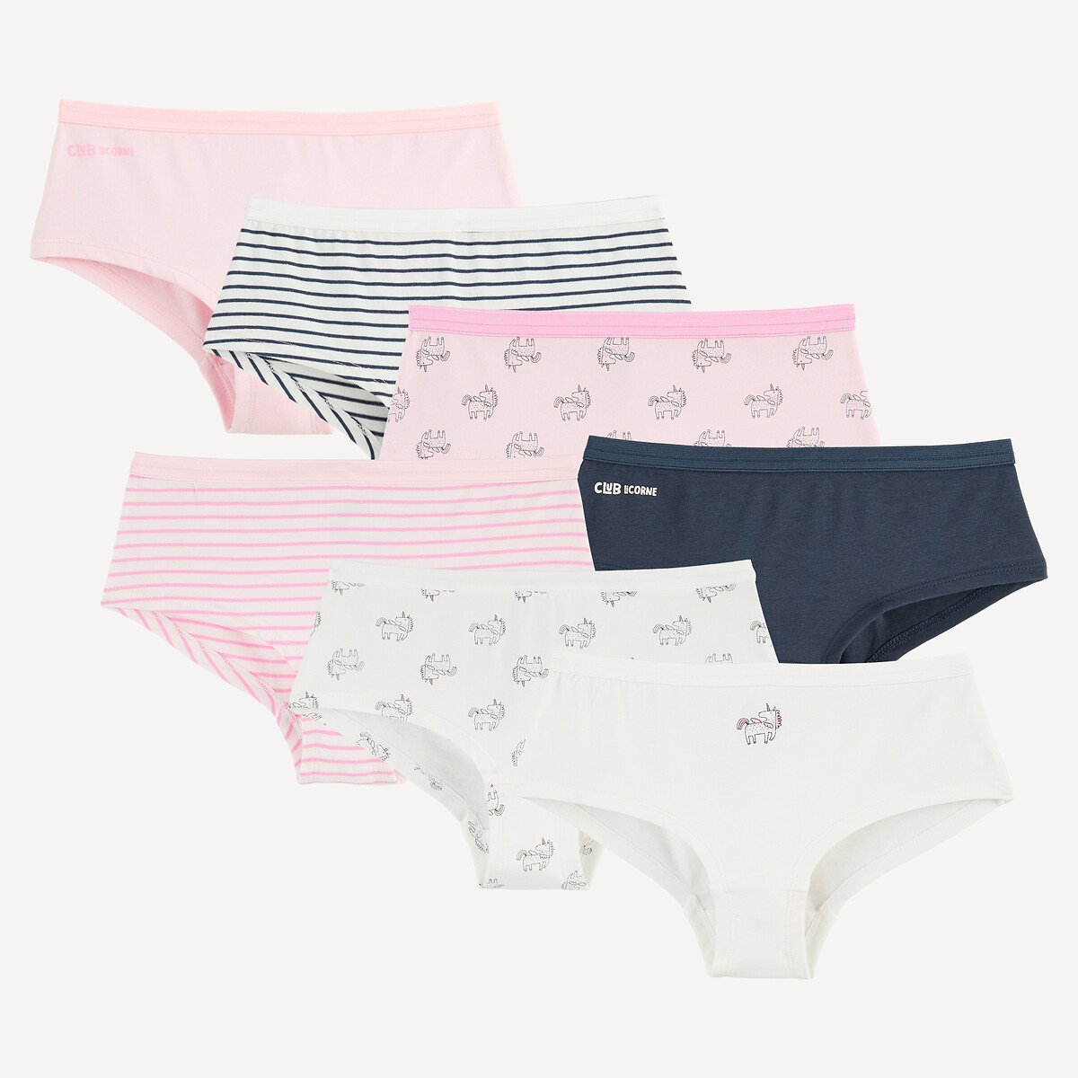 Lot de 7 shorties, 3 imprimés licorne, 2 rayés, 2 unis avec message, LA REDOUTE COLLECTIONS