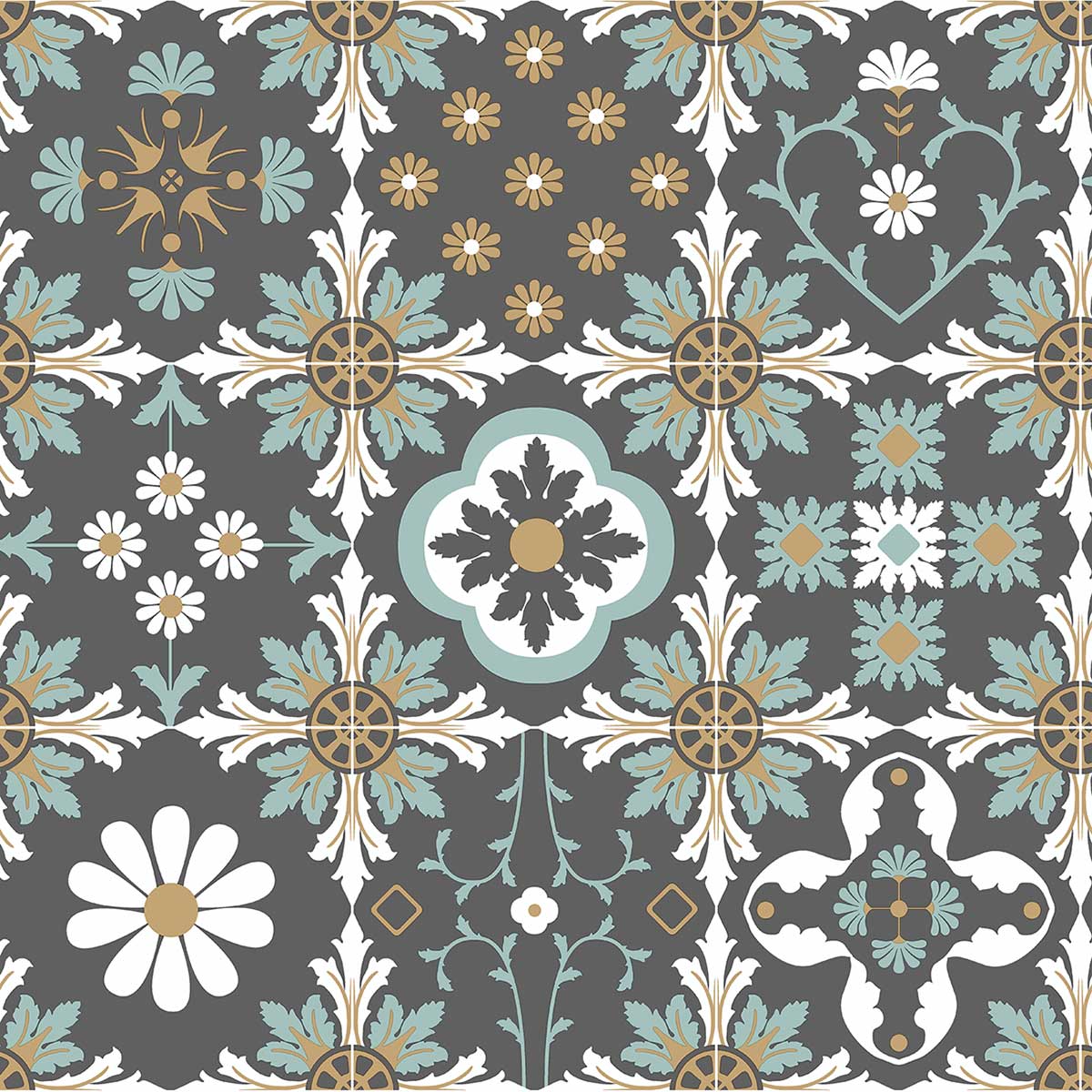 Papier peint motifs carreaux rétro floraux graphiques, HEXOA