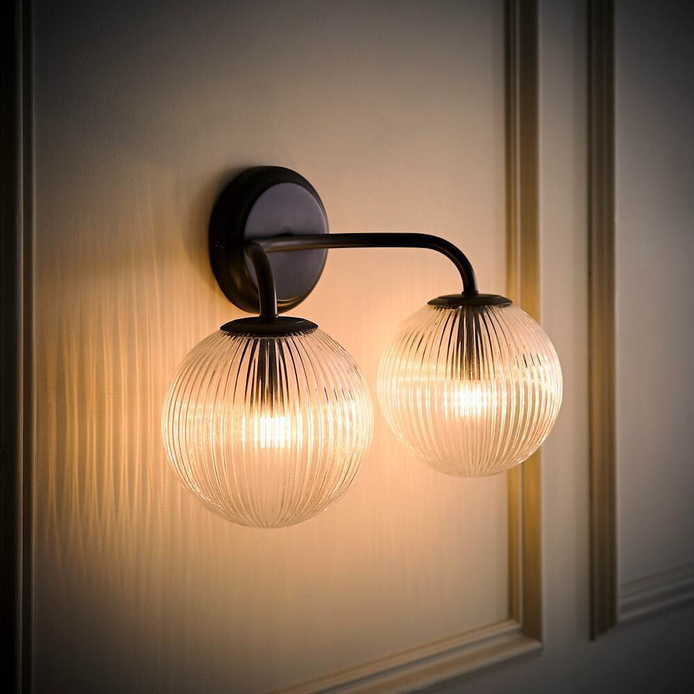 Kemp 2-Arm Wall Light with Ribbed Glass Globe Shade, SO'HOME