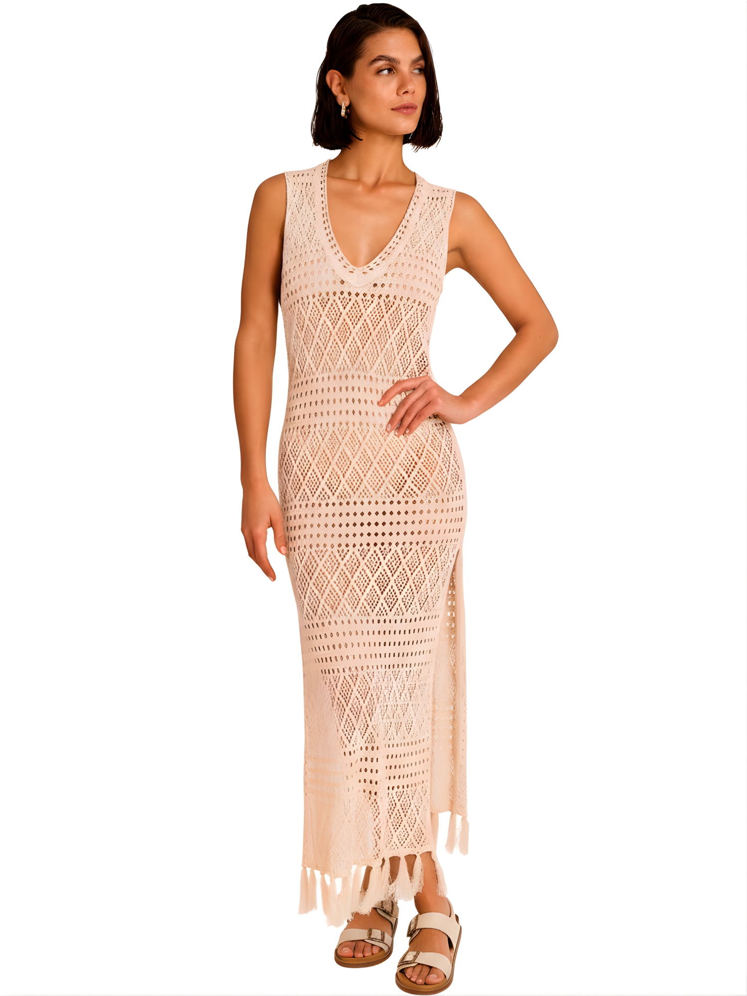 Robe de plage longue ajourée à franges COMPLEMENTOS, SELMARK MARE