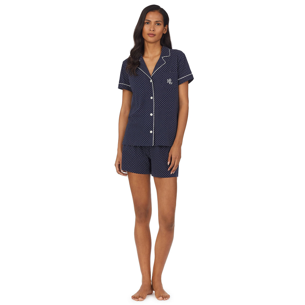 Cotton short pyjamas in polka dot print with short sleeves navy