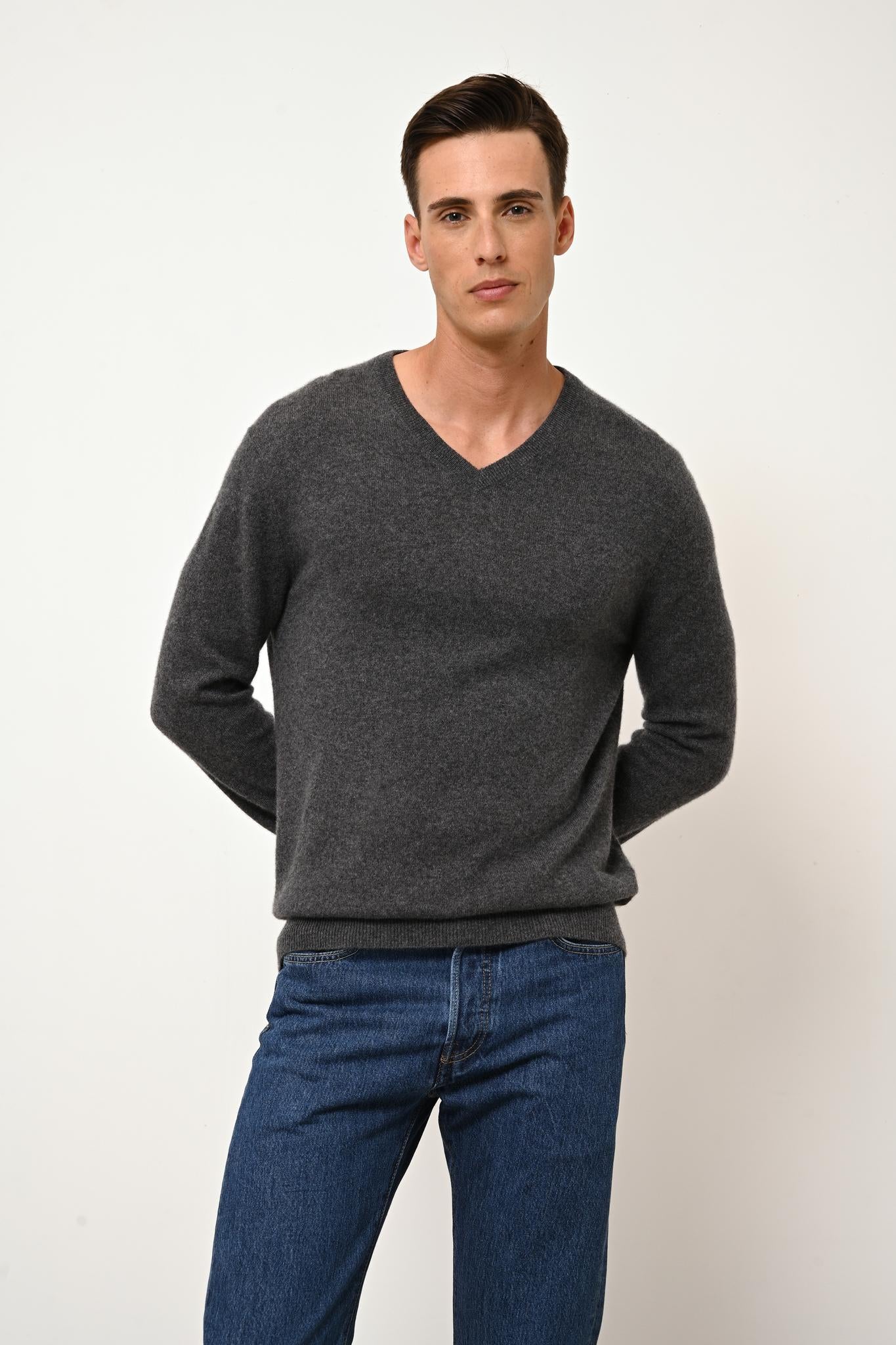 Pull Col V  Anthracite Chiné Walt, JUST CASHMERE