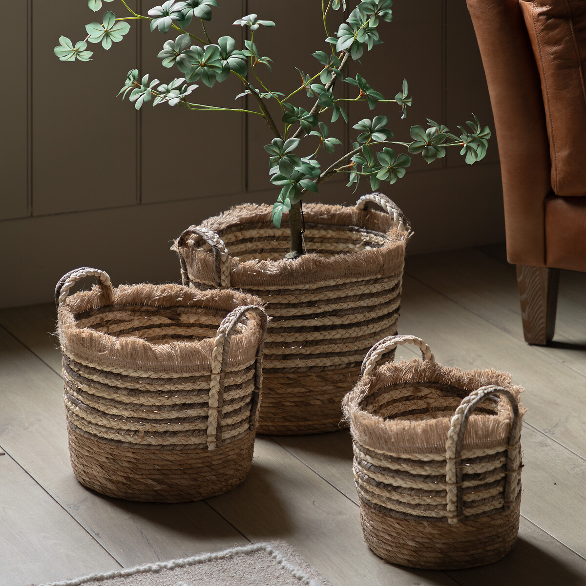 Set of 3 Brown Stripe Fringed Woven Baskets, SO'HOME