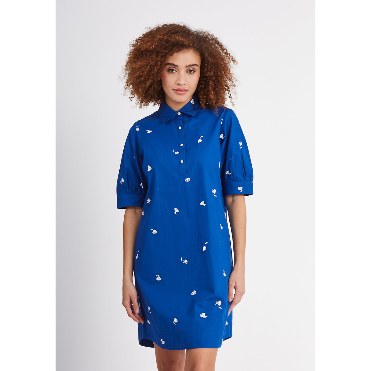 Embroidered Cotton Shirt Dress with Short Sleeves