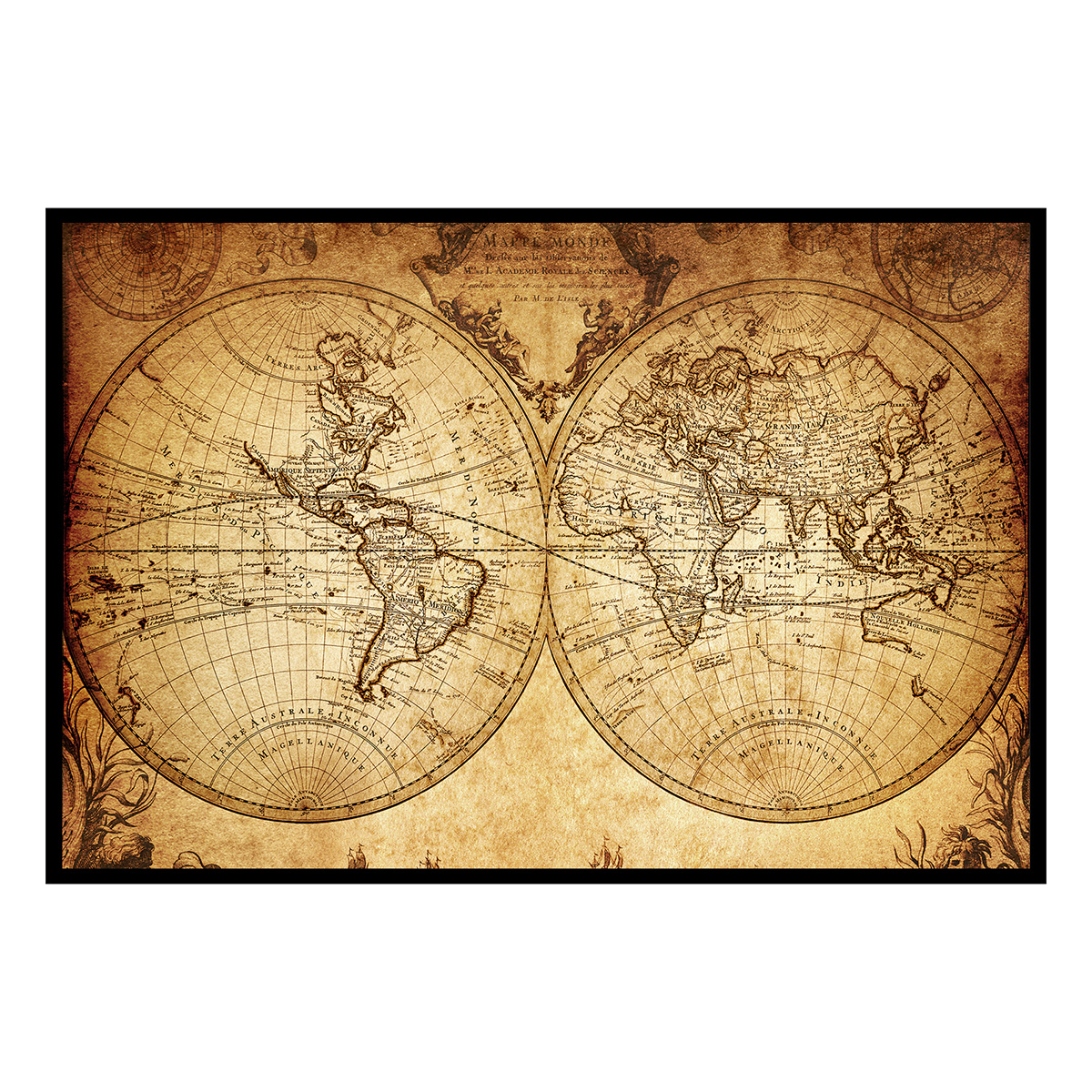 Affiche encadrée carte du monde vintage ancienne, HEXOA