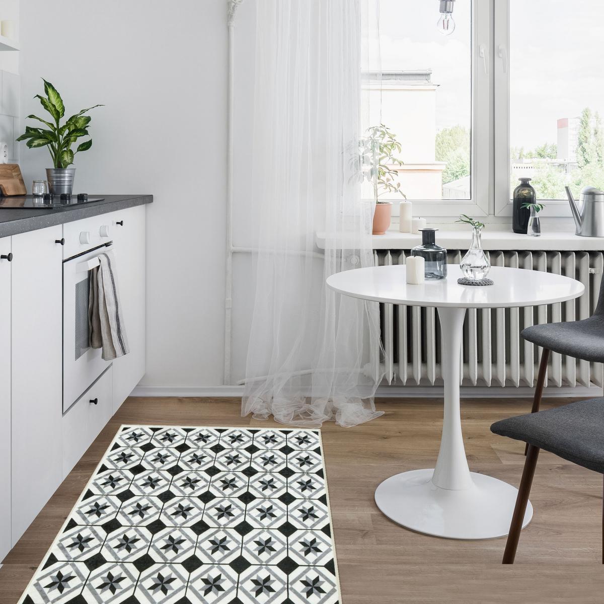 Tapis de cuisine motif carreaux de ciment LYN11 N&B, UN AMOUR DE TAPIS