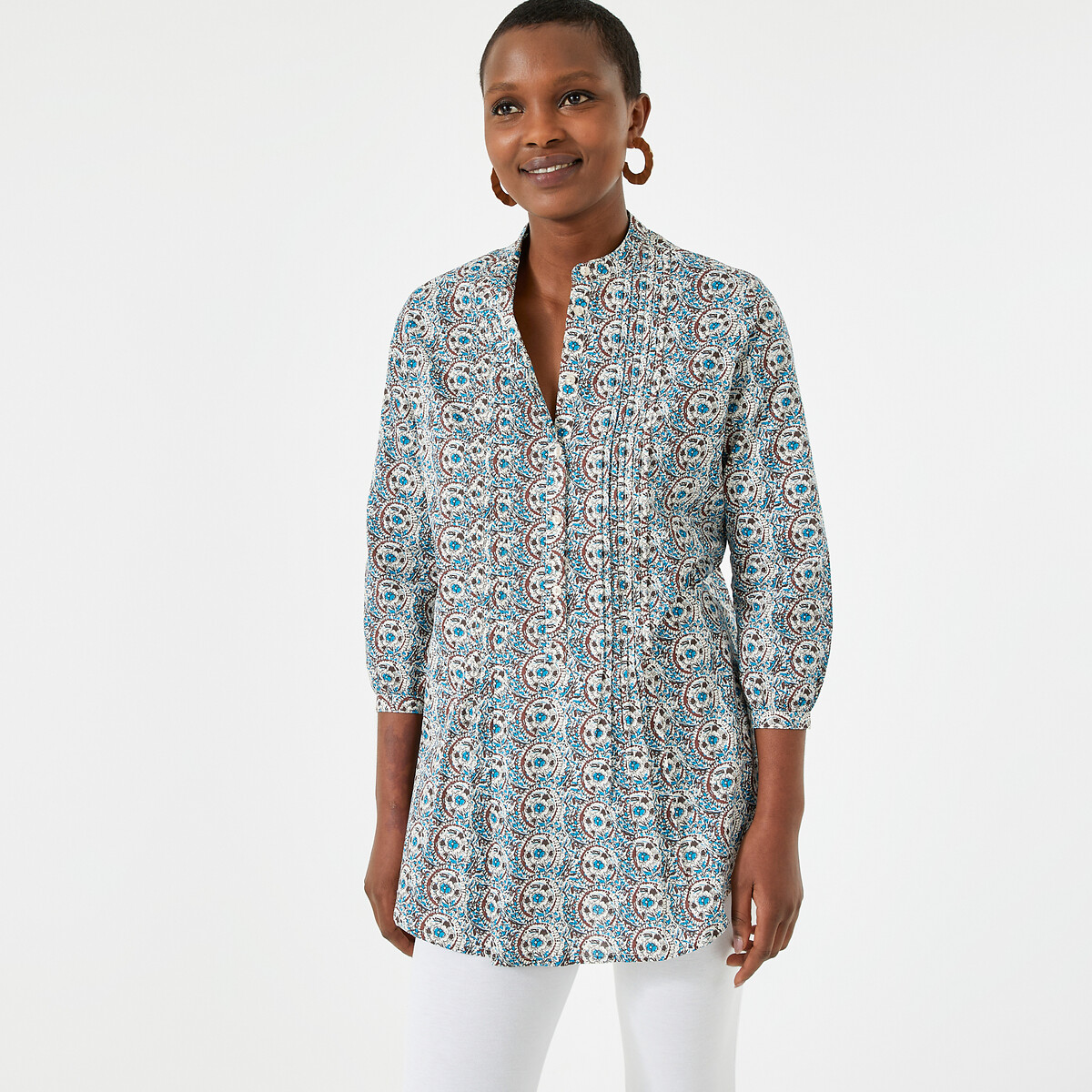 Image of Printed Cotton Tunic with Grandad Collar and 3/4 Length Sleeves
