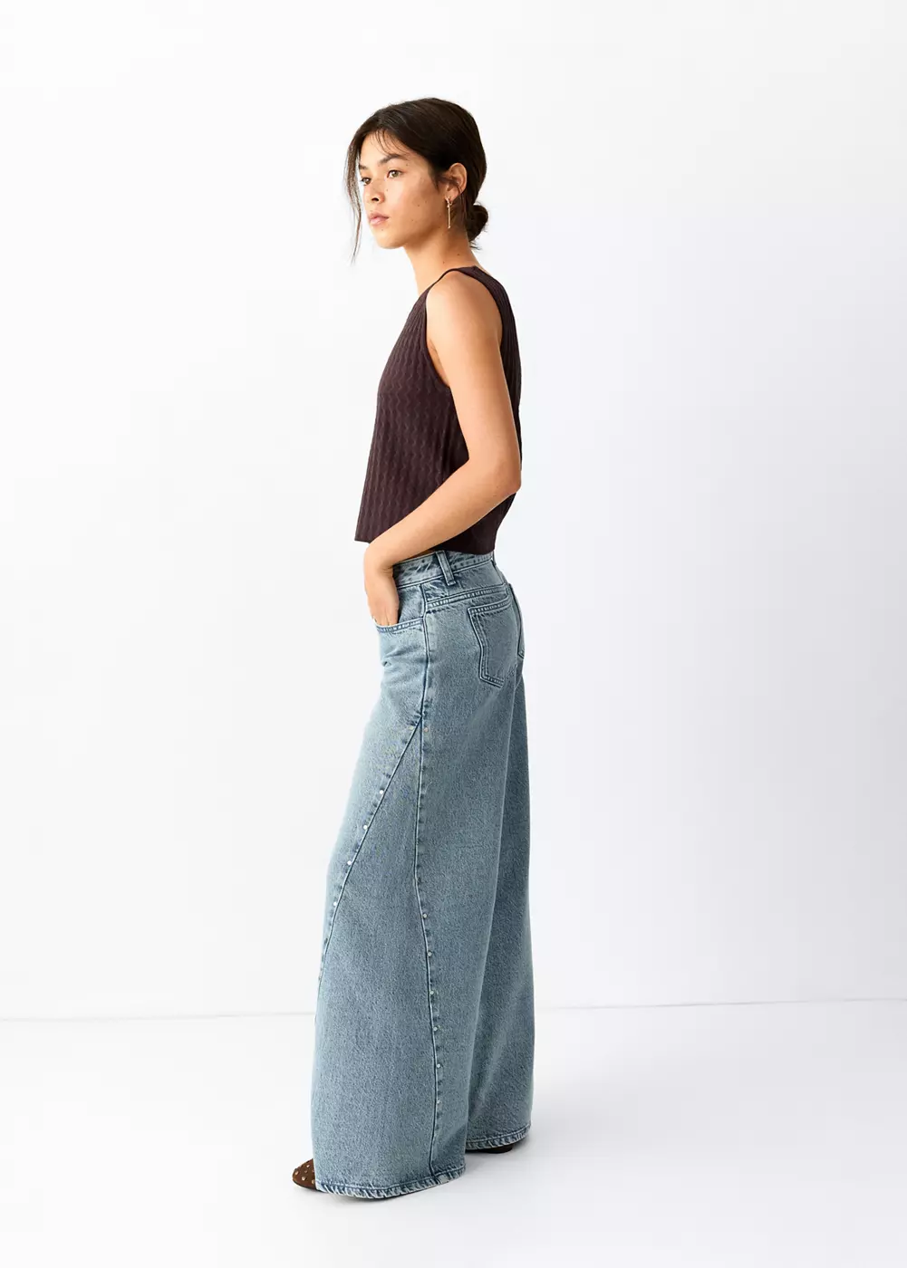 Jean wide leg coutures et clous, MANGO TEEN