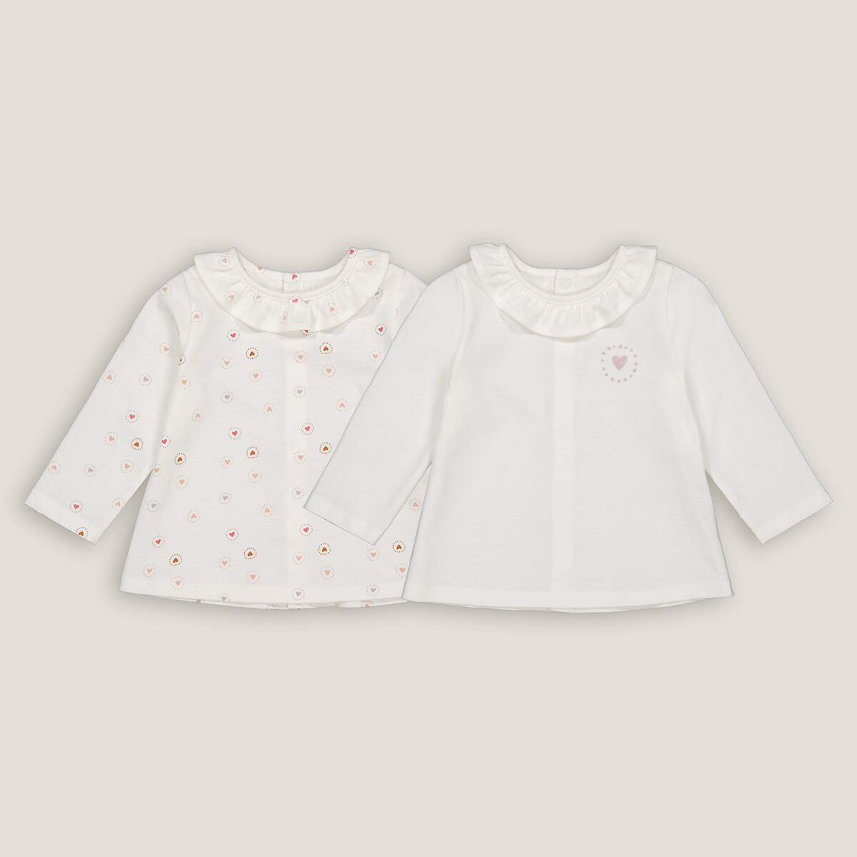 Pack of 2 T-Shirts in Heart Print Cotton, Ruffled Crew Neck and Long Sleeves